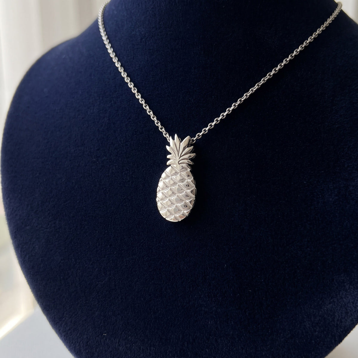 Textured Pineapple Charm Necklace in White Gold