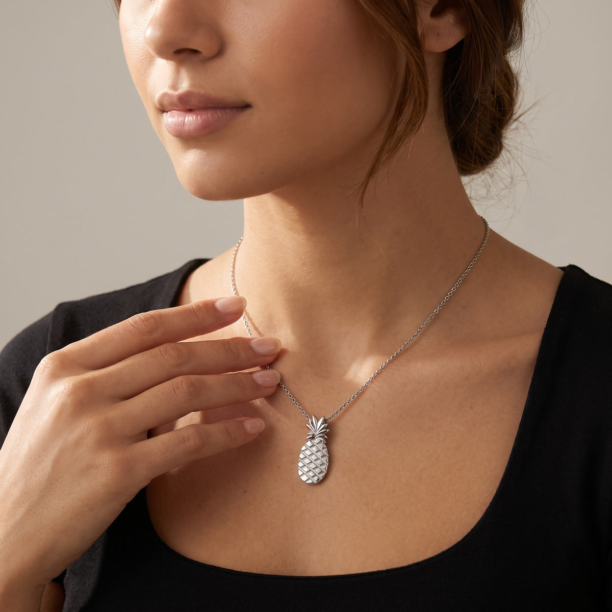 Textured Pineapple Charm Necklace in White Gold, worn, second view