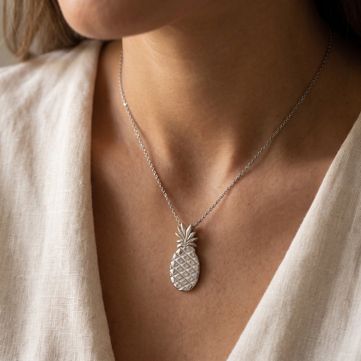 Textured Pineapple Charm Necklace in 14K White Gold, worn
