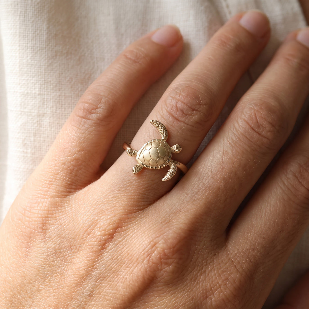 Textured Sea Turtle Ring in Yellow Gold, worn
