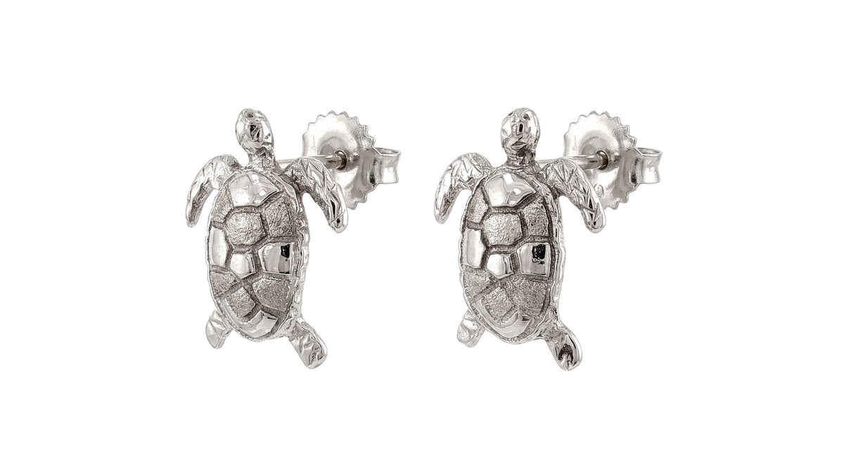 Textured Sea Turtle Stud Earrings in White Gold