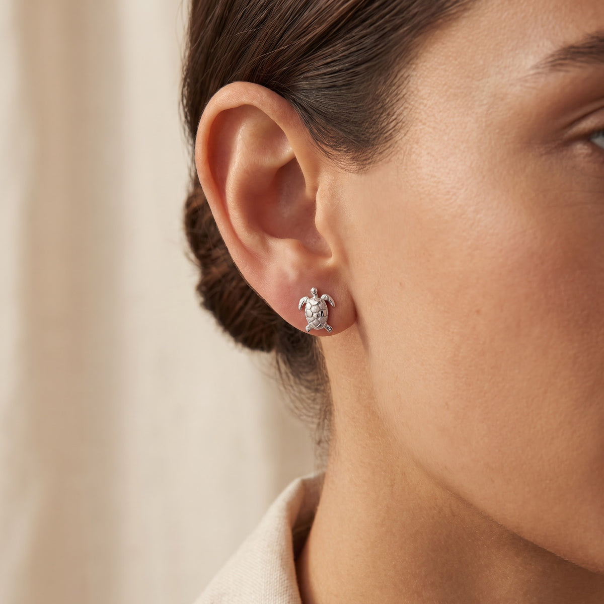 Textured Sea Turtle Stud Earrings in White Gold, worn