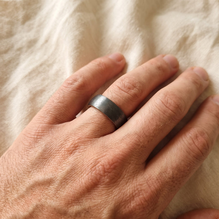 Textured Tantalum Band Ring with Wood Interior, worn