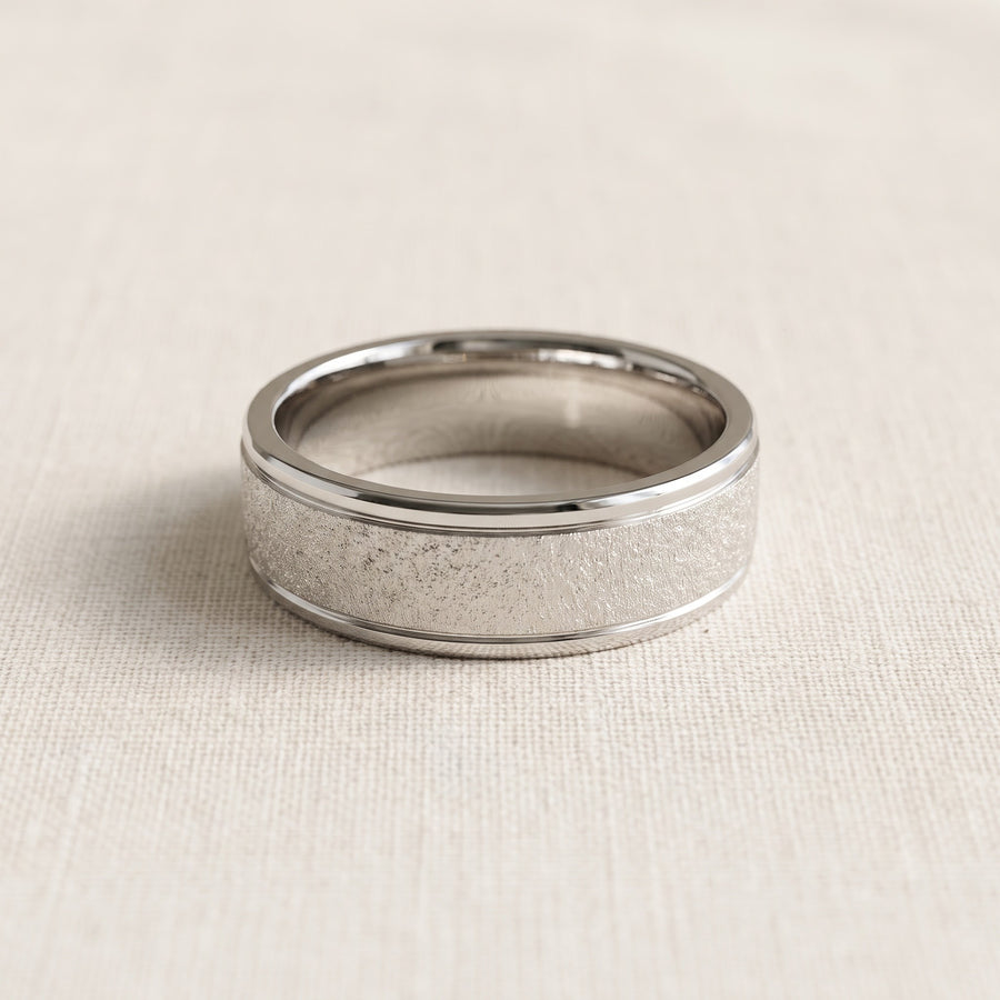 Textured White Gold Wedding Band with Polished Edges
