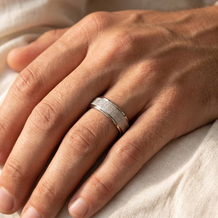 Textured Wedding Band with Polished Edges in 14K White Gold, worn