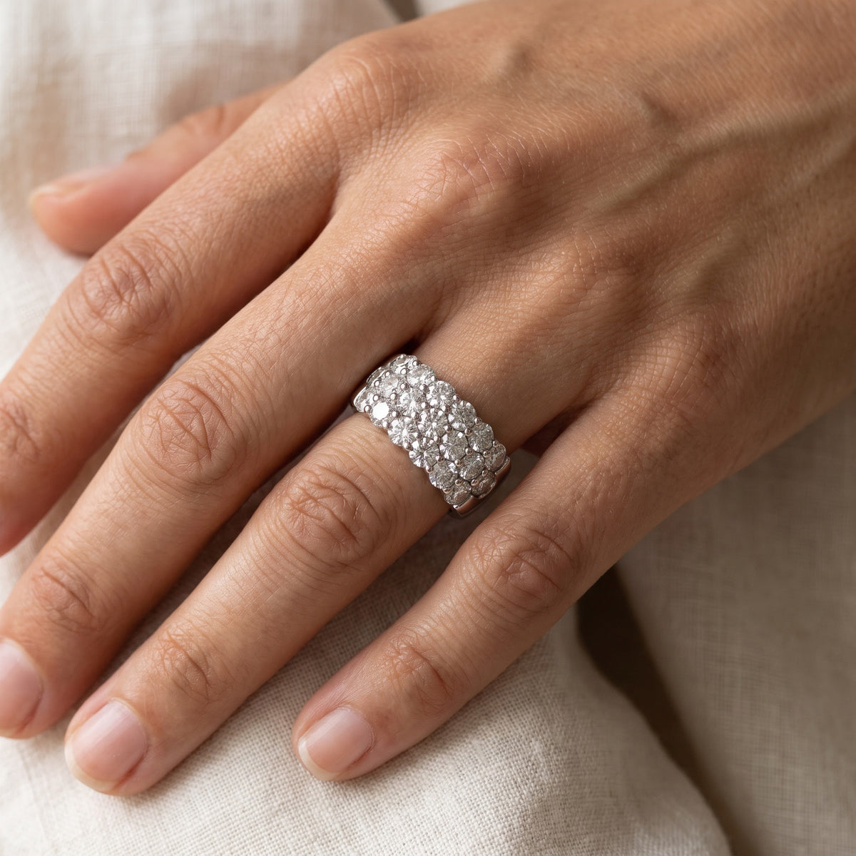 Three-Row Diamond Band Ring in 14K White Gold, worn