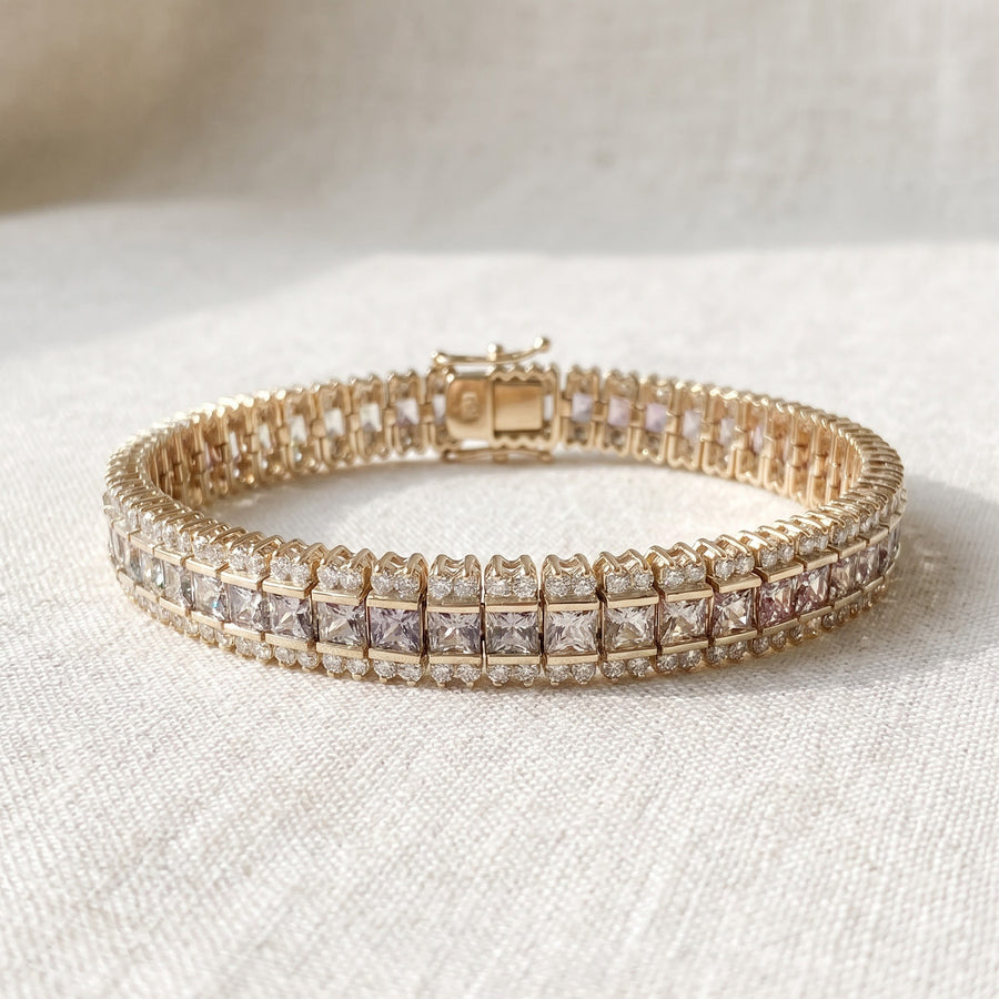 Three-Row Multi-Color Sapphire and Diamond Tennis Bracelet in Yellow Gold