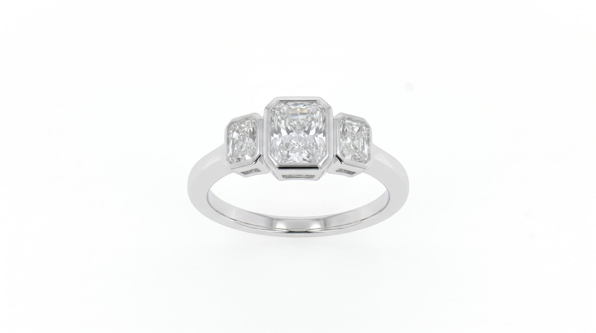Three-Stone Bezel Radiant Diamond Ring in 14K White Gold