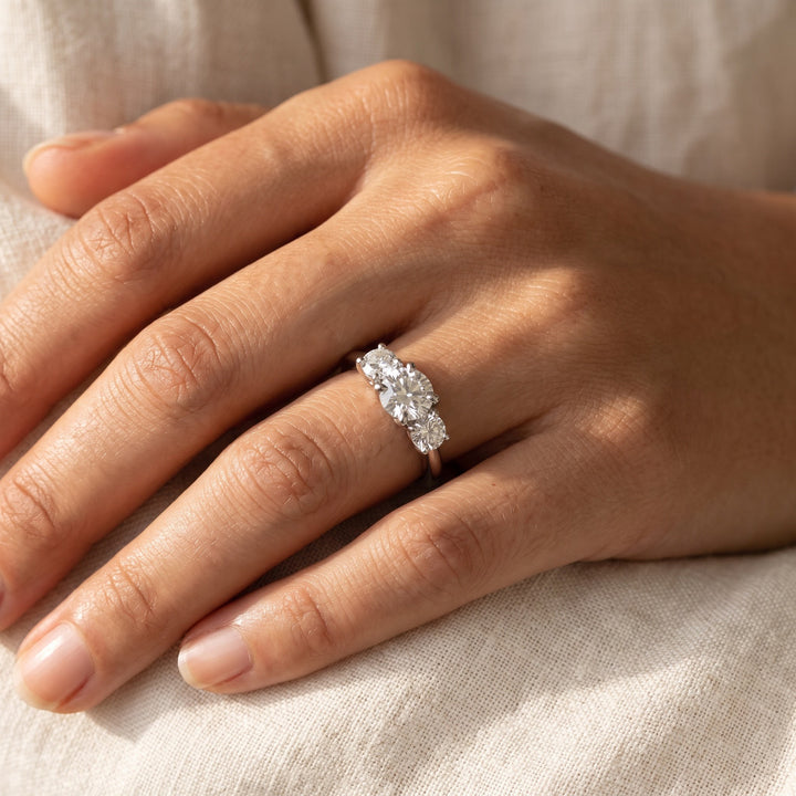1.91 ct Three-Stone Round Diamond Ring in 14K White Gold, worn