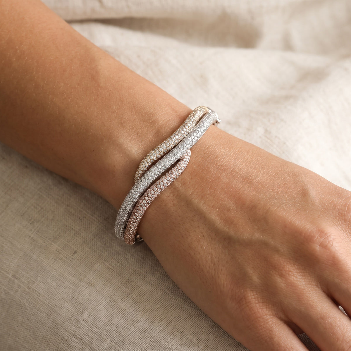 Tri-Color Gold Intertwined Pavé Diamond Bangle, worn