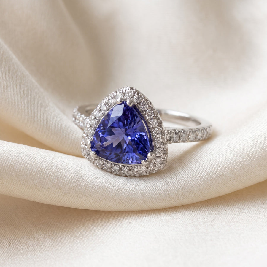 Trillion-Cut Tanzanite Halo Cocktail Ring in White Gold