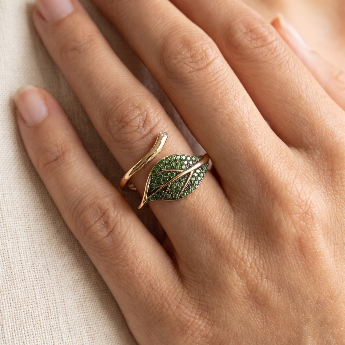 Tsavorite and Diamond Pavé Leaf Cocktail Ring in 14K Yellow Gold, worn