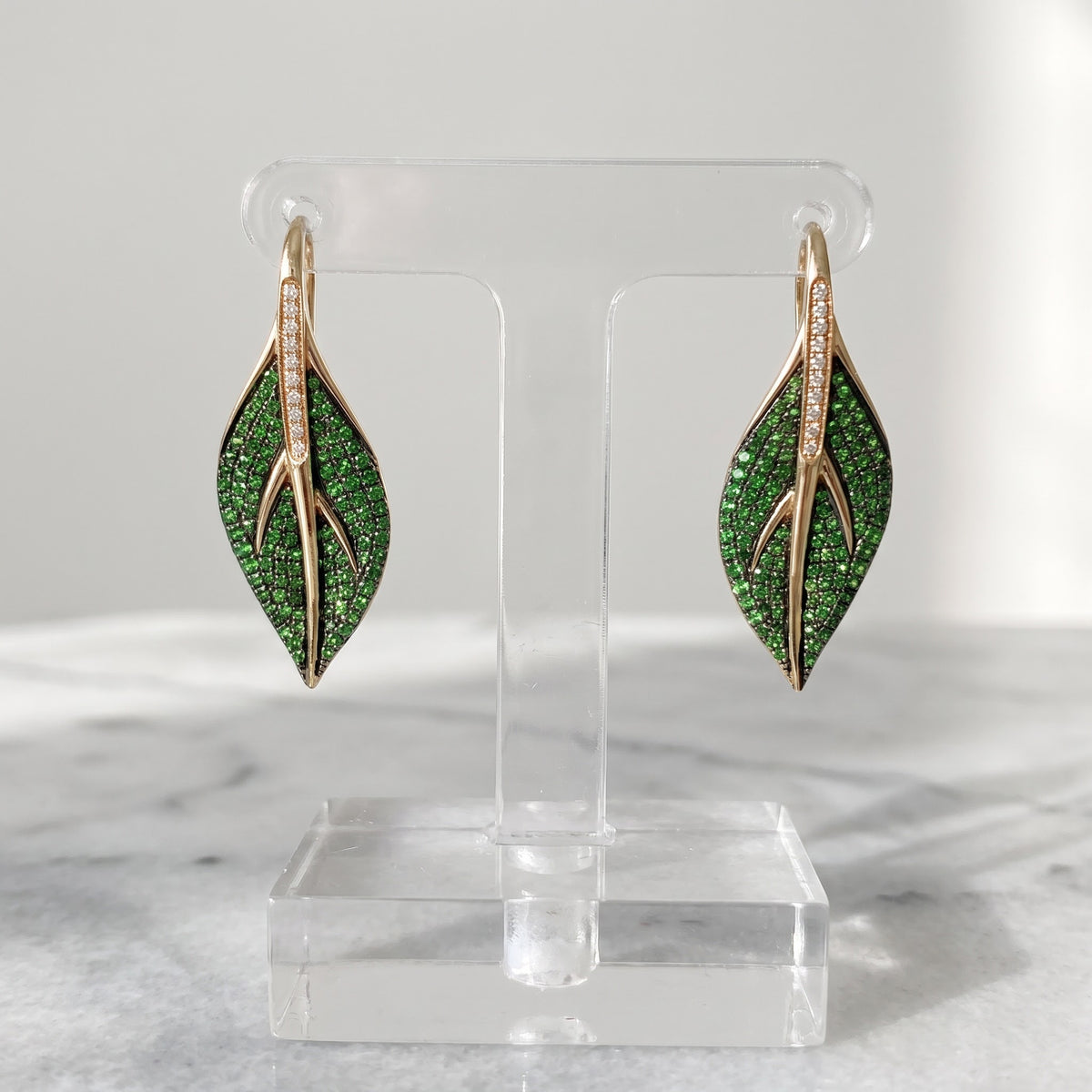 Tsavorite Pave Leaf Drop Earrings in Yellow Gold