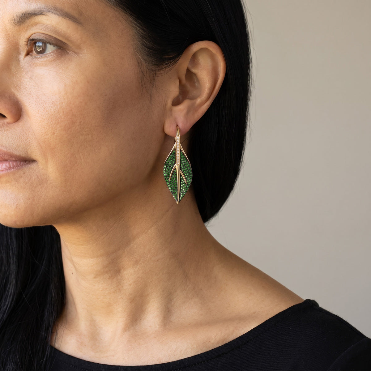 Tsavorite Pave Leaf Drop Earrings in Yellow Gold, worn, second view