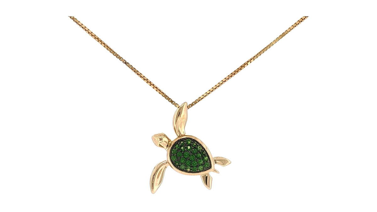 Tsavorite Turtle Charm Necklace in Yellow Gold