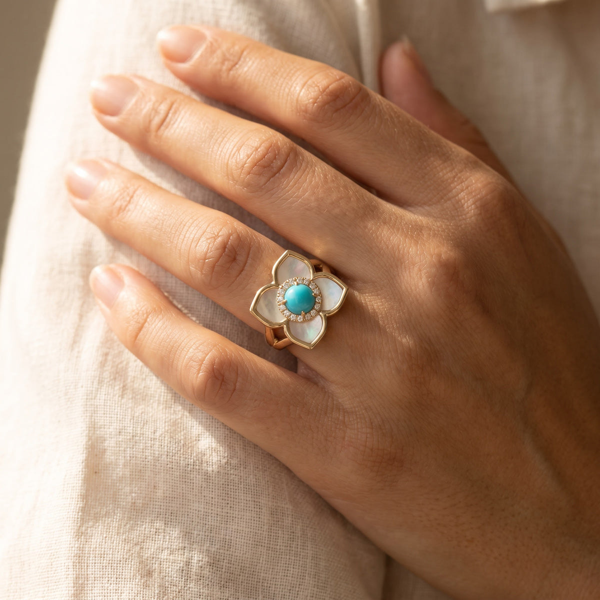 Turquoise Floral Cocktail Ring in Yellow Gold, worn
