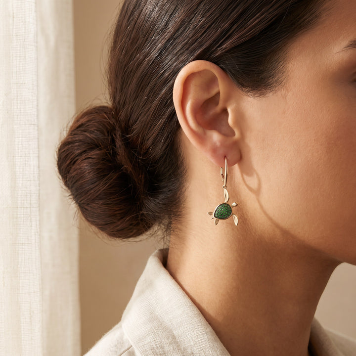 0.65 ct Tsavorite Turtle Drop Earrings in 14K Yellow Gold, worn
