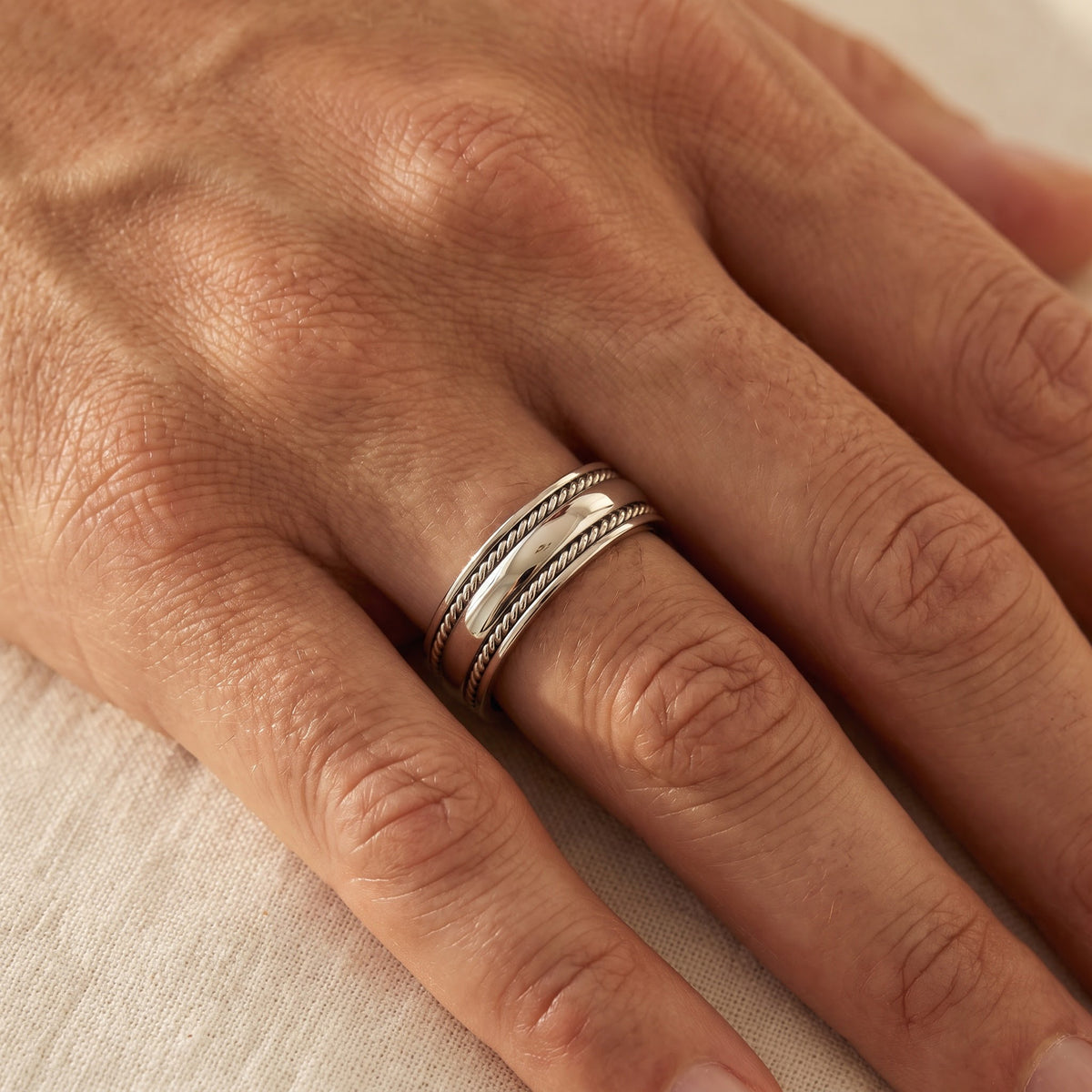 Twisted Rope Detail White Gold Band Ring, worn