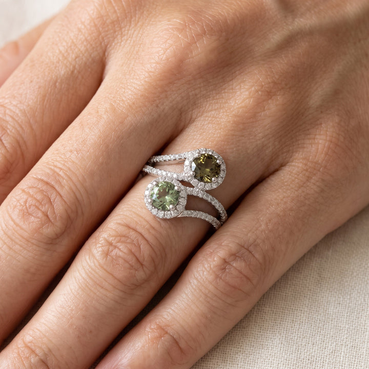 1.64 ct Olive and Mint Green Sapphire and Diamond Bypass Halo Ring in 14K White Gold, worn