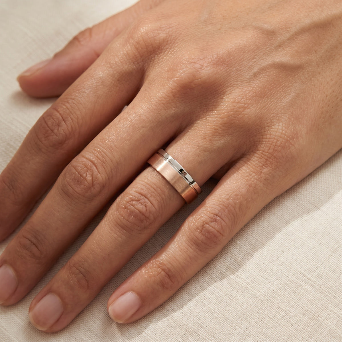 Two-Tone Brushed Band Ring in 14K Rose and White Gold, worn