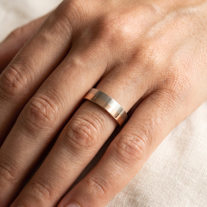 Two-Tone Brushed Finish Flat Band Ring in 14K White and Rose Gold, worn