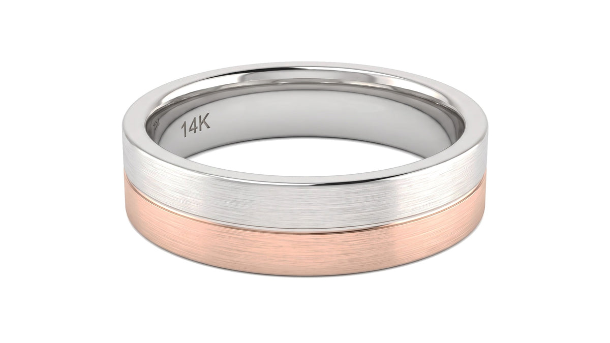 Two-Tone Brushed Finish Flat Wedding Band in 14K White and Rose Gold, studio