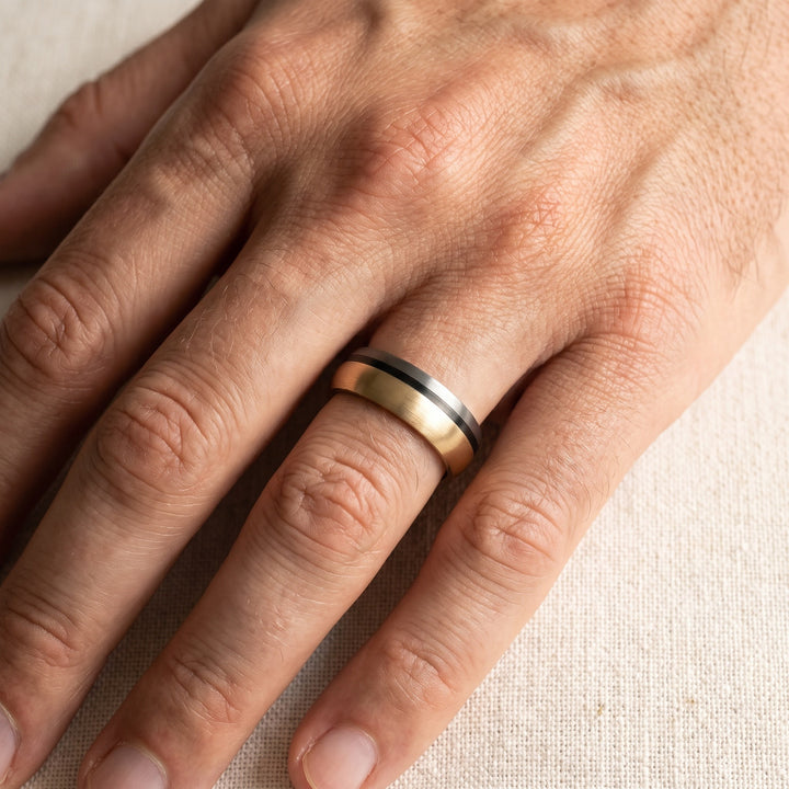 Two-Tone Brushed 14K Yellow Gold and Tantalum Band Ring, worn