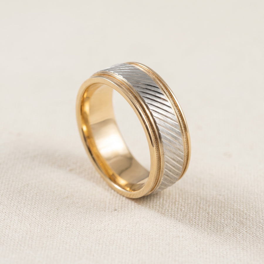 Two-Tone Diagonal Textured Band Ring in Yellow Gold