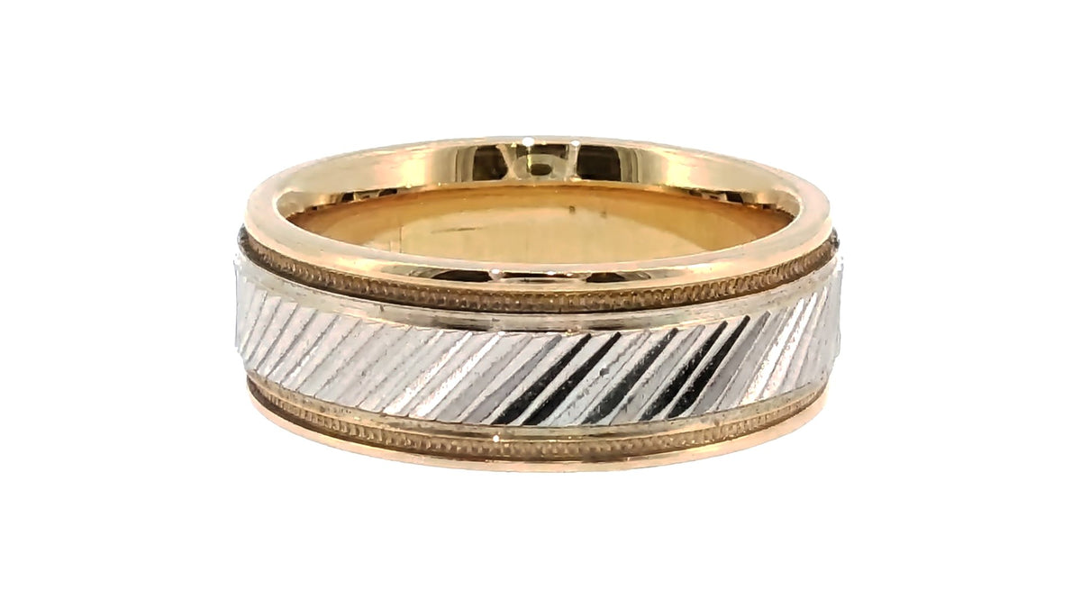 Two-Tone Diagonal Textured Band Ring in Yellow Gold