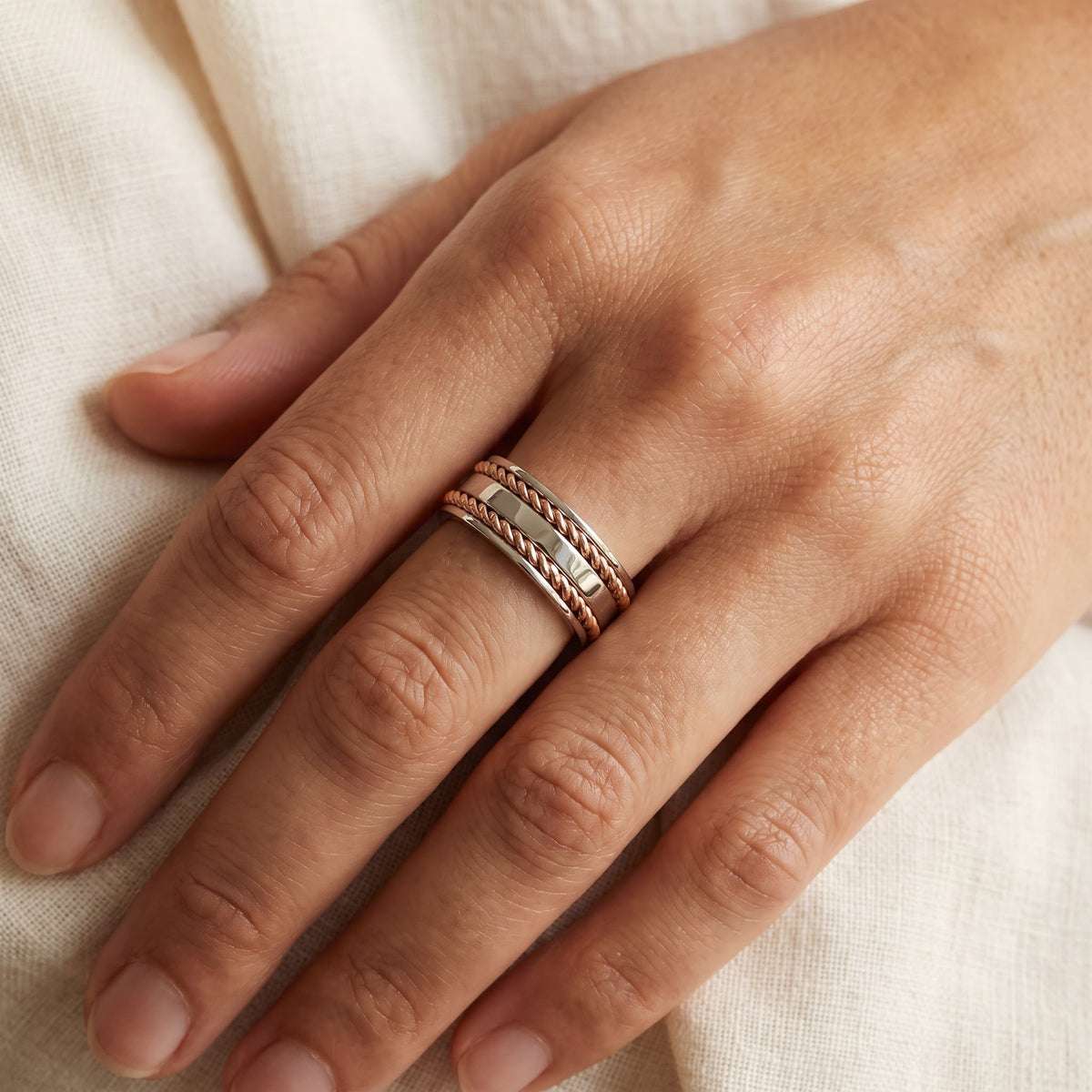 Two-Tone Rope Detail Band Ring in 14K White and Rose Gold, worn