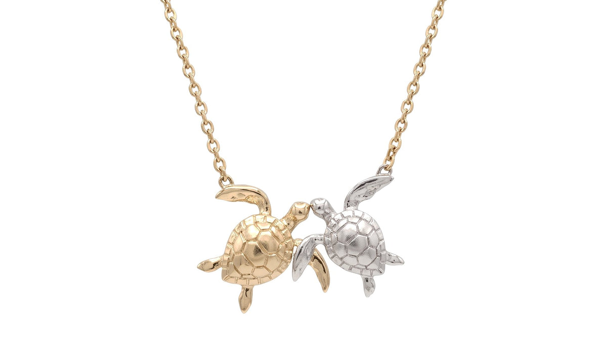 Two-Tone Sea Turtle Charm Necklace in Yellow and White Gold