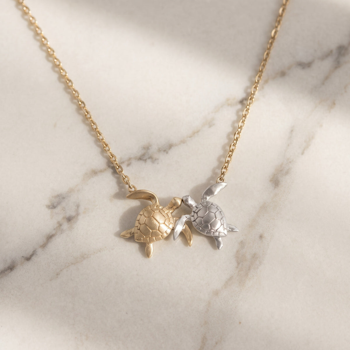 Two-Tone Sea Turtle Charm Necklace in 14K Yellow and White Gold