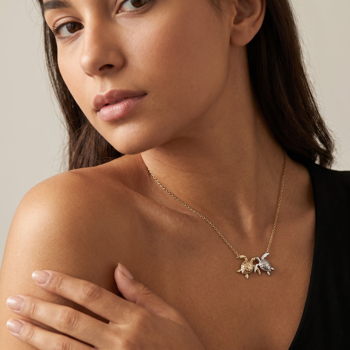 Two-Tone Sea Turtle Charm Necklace in Yellow and White Gold, worn, second view