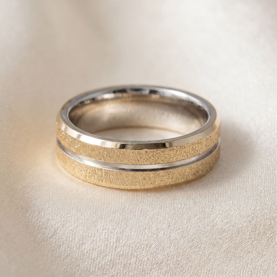 Two-Tone Textured Yellow Gold Band Ring with Center Groove