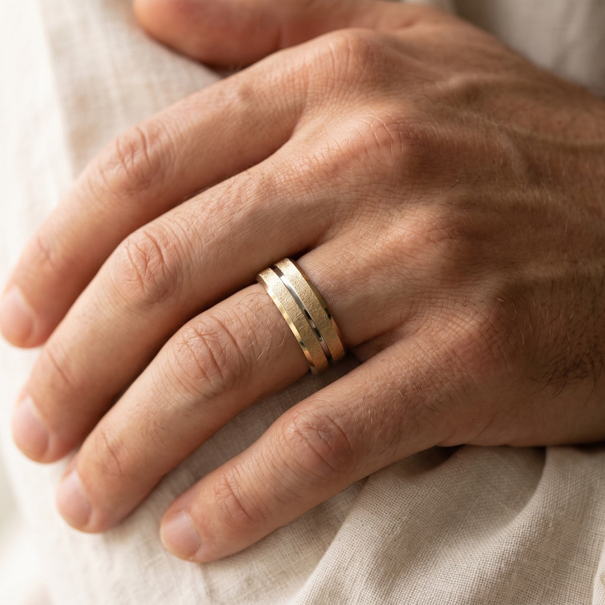 Two-Tone Textured Yellow Gold Band Ring with Center Groove, worn