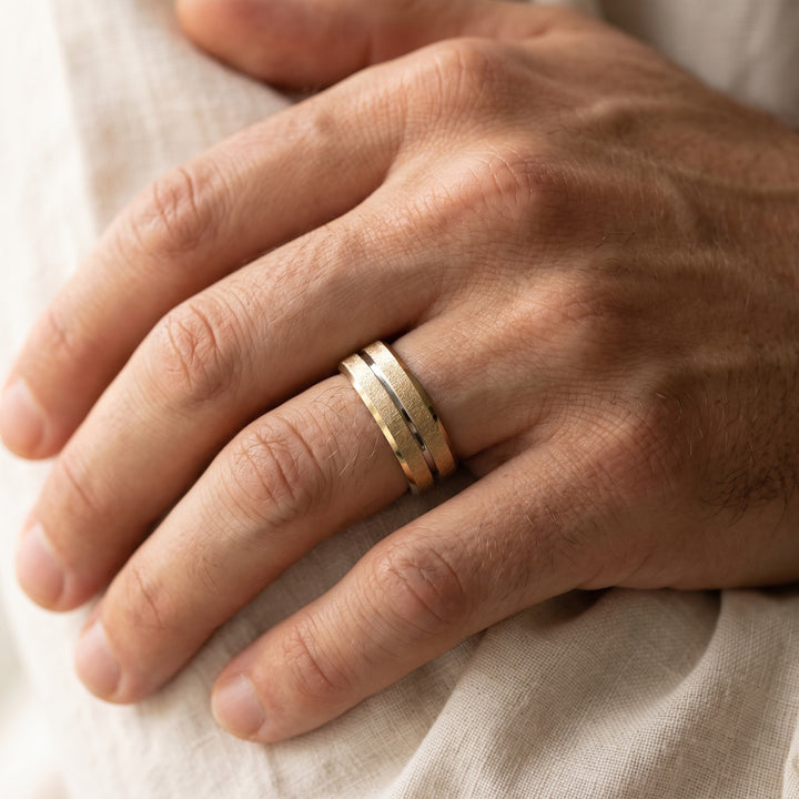 Two-Tone Textured Band Ring with Center Groove in 14K Yellow and White Gold, worn