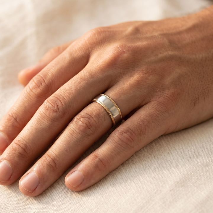 Two-Tone Milgrain Edge Wedding Ring in 14K White Gold, worn
