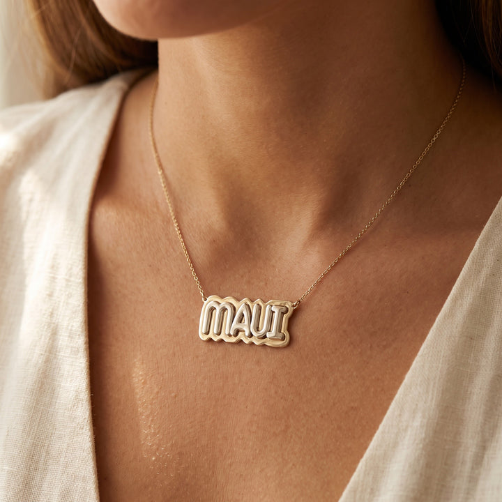 Two-Tone "MAUI" Nameplate Necklace in 14K Yellow and White Gold, worn