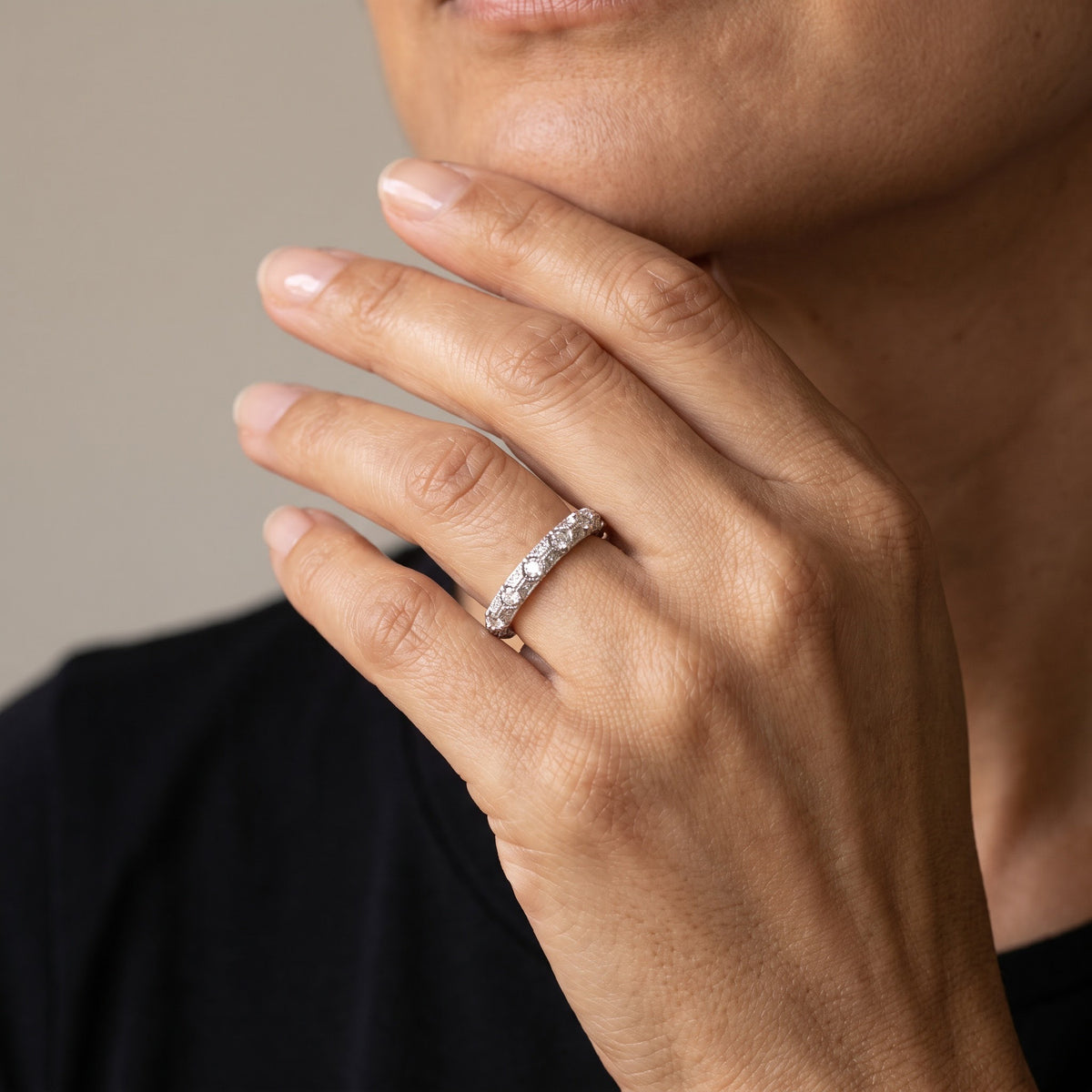 Vintage-Inspired Diamond Eternity Ring in White Gold, worn, second view