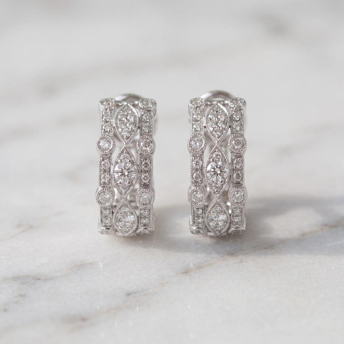 0.77 ct Vintage-Inspired Diamond Hoop Earrings in 14K White Gold