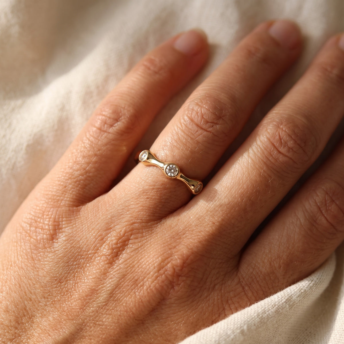 Wavy Diamond Eternity Ring in 14K Yellow Gold, worn