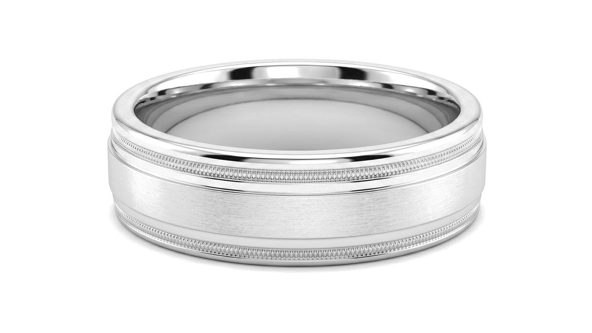 Wedding Band with Brushed Center and Milgrain in 14K White Gold, studio