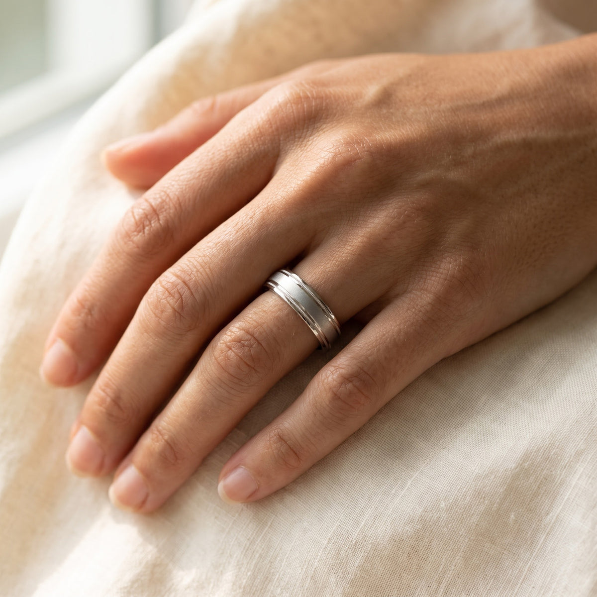 Wedding Band with Brushed Center and Milgrain in 14K White Gold, worn