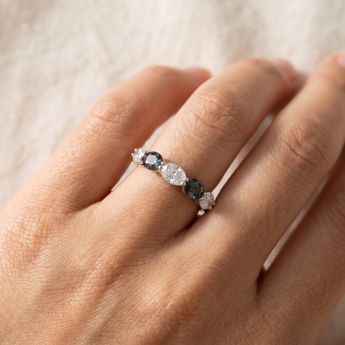 White Gold Alexandrite and Diamond Five-Stone Band, worn
