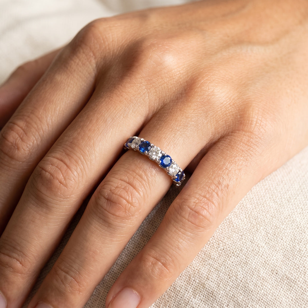 White Gold Alternating Royal Blue Sapphire Band, worn