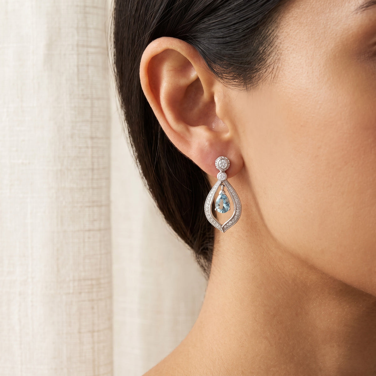 White Gold Aquamarine Pear Drop Earrings, worn