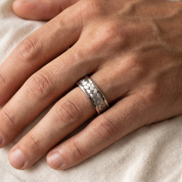 Braided Band Ring with Polished Edges in 14K White Gold, worn
