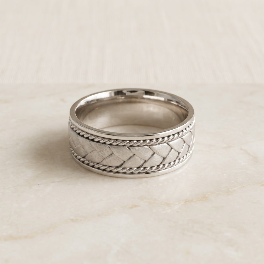 White Gold Braided Band Ring with Rope Edge