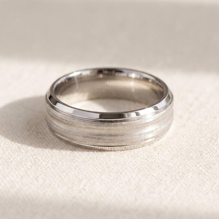 White Gold Brushed Center Band Ring with Beveled Edges