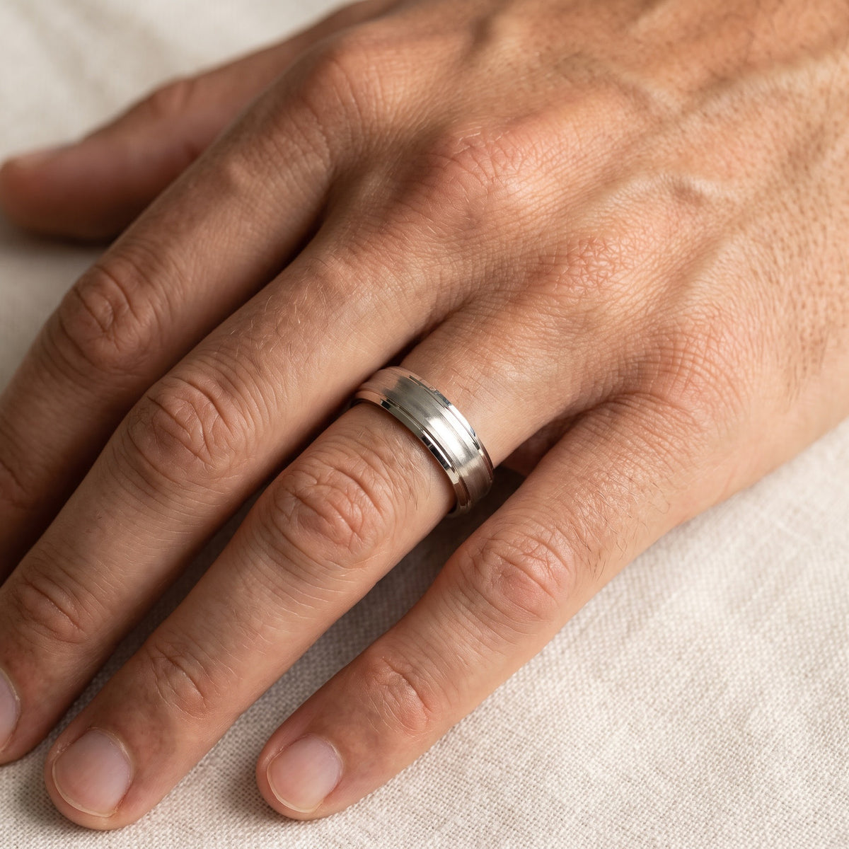 White Gold Brushed Center Band Ring with Beveled Edges, worn